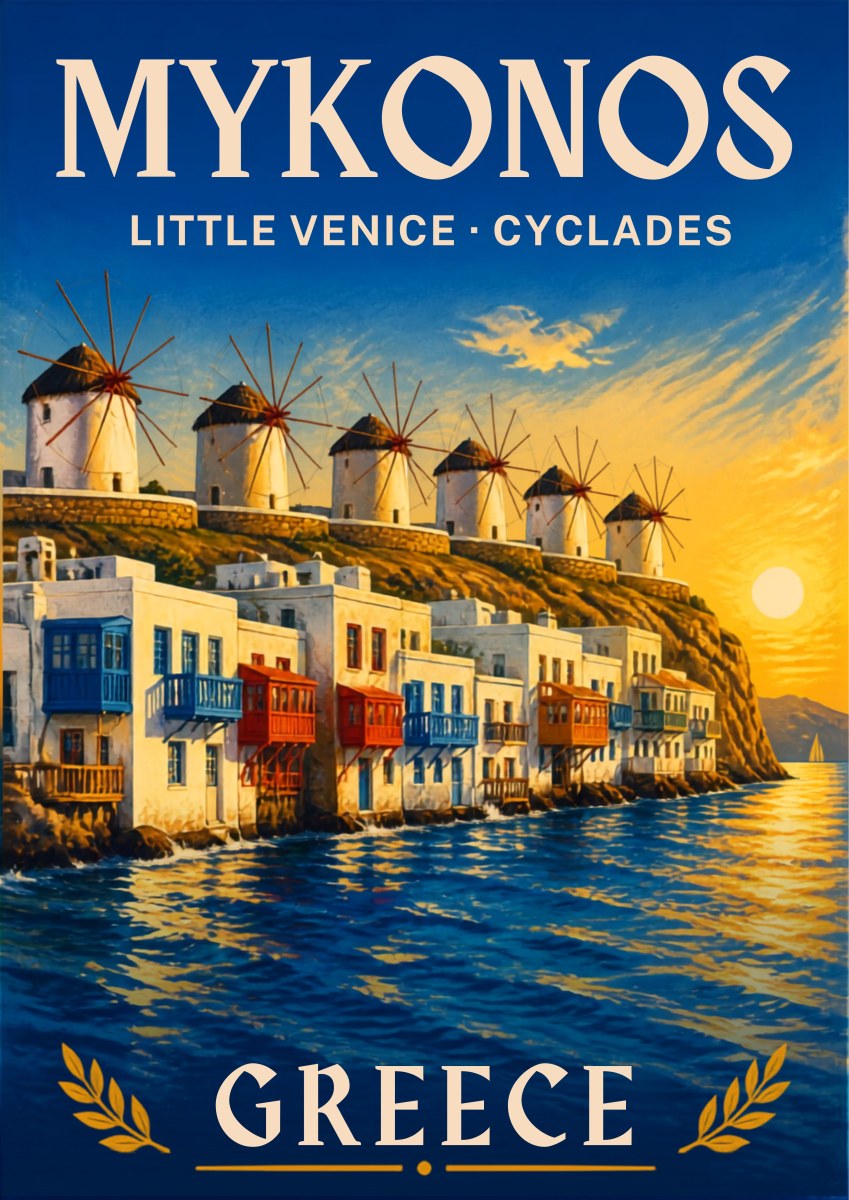 Mikri Venetia — Mykonos art print: painterly travel poster of the Little Venice waterfront, with balconied houses in red and blue above the sea and a row of thatched windmills on the headland under a golden sunset