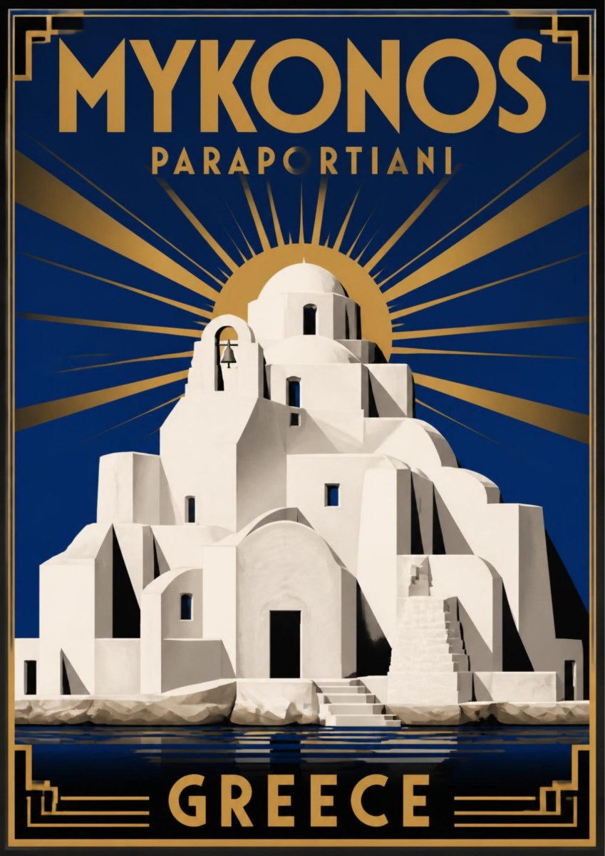 Panagia Paraportiani — Mykonos art print: art deco poster of the white domed Paraportiani church in cubic silhouette against a navy sky with gold sunburst rays and a gold border