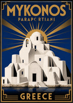 Panagia Paraportiani — Mykonos art print: art deco poster of the white domed Paraportiani church in cubic silhouette against a navy sky with gold sunburst rays and a gold border