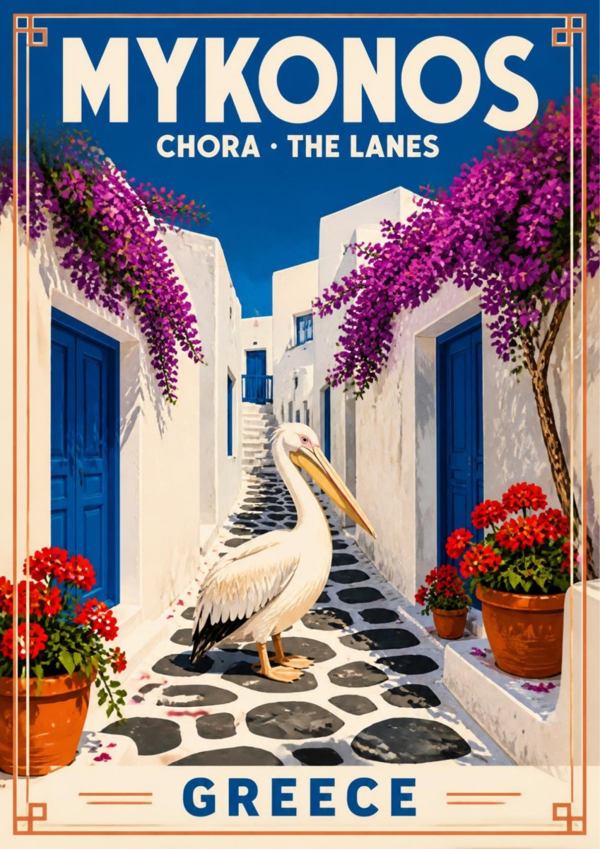 Petros o Pelekanos — Mykonos art print: illustrated cobbled lane in Chora with whitewashed walls, blue doors, magenta bougainvillea and red geraniums, and a large white pelican standing in the middle of the street