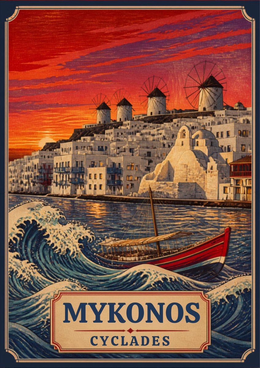 To Kyma — Mykonos art print: woodblock-style poster of a red fishing caique riding a large stylised blue wave, with the whitewashed town and hilltop windmills under a crimson sunset sky
