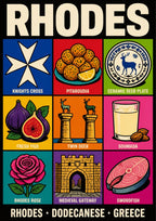 Dodecanese Icons — Rhodes art print: a pop-art nine-panel grid on black in vivid primary colours, each cell labelled: knights cross, pitaroudia fritters, ceramic deer plate, fresh figs, twin deer columns, soumada almond drink, Rhodes rose, medieval gateway and swordfish steak
