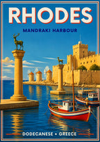 Elafos & Elafina — Rhodes art print: a clean mid-century poster of Mandraki Harbour with the two bronze deer statues on stone columns at the entrance, red and blue fishing boats moored on turquoise water, and the fortress walls and windmills behind