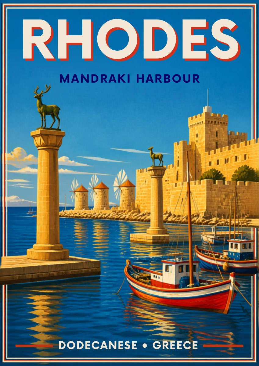 Elafos & Elafina — Rhodes art print: a clean mid-century poster of Mandraki Harbour with the two bronze deer statues on stone columns at the entrance, red and blue fishing boats moored on turquoise water, and the fortress walls and windmills behind