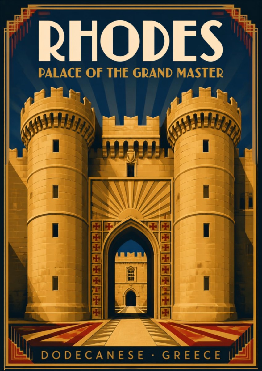 Grand Master's Gate — Rhodes art print: an art deco poster in gold and black showing the twin round towers and arched gateway of the Palace of the Grand Master, flanked by red crusader crosses with sunburst rays behind