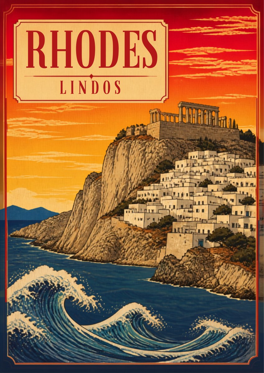Lindos at Sunset — Rhodes art print: a woodblock-style poster of the Lindos acropolis on its rocky headland above whitewashed village houses, silhouetted against a fiery orange and red sunset sky, with a stylised curling blue wave breaking below