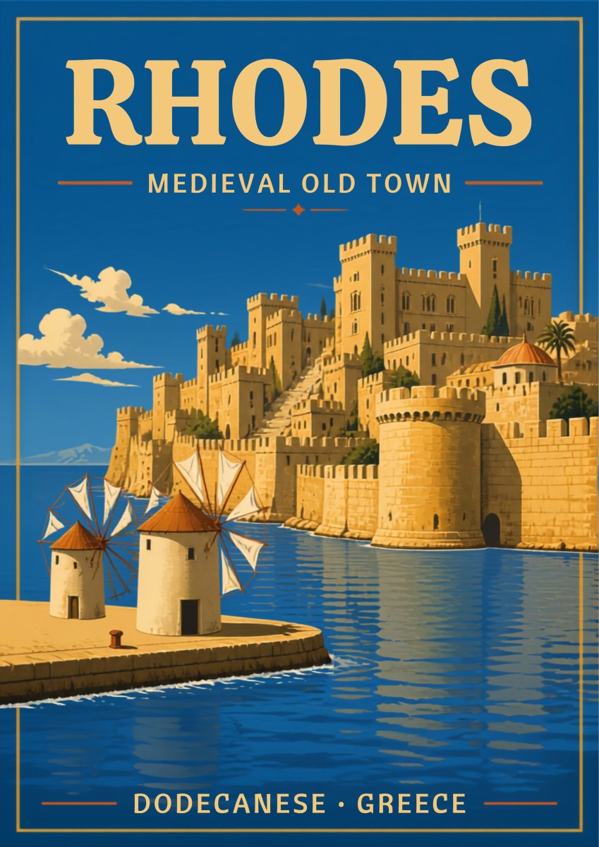 Palia Poli — Rhodes art print: a vintage travel poster of the medieval old town of Rhodes: honey-gold fortified walls and towers rising above a bright blue harbour, with three stone windmills on the mole in the foreground under a pale sky
