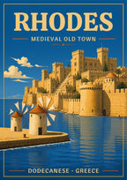 Palia Poli — Rhodes art print: a vintage travel poster of the medieval old town of Rhodes: honey-gold fortified walls and towers rising above a bright blue harbour, with three stone windmills on the mole in the foreground under a pale sky