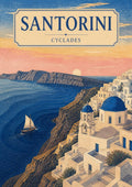 Aegean Dawn — Santorini art print: a soft pastel illustration of the caldera cliffs at dawn, whitewashed Cycladic houses and a blue-domed church stepping down the rock, with a lone sailing boat on deep blue water