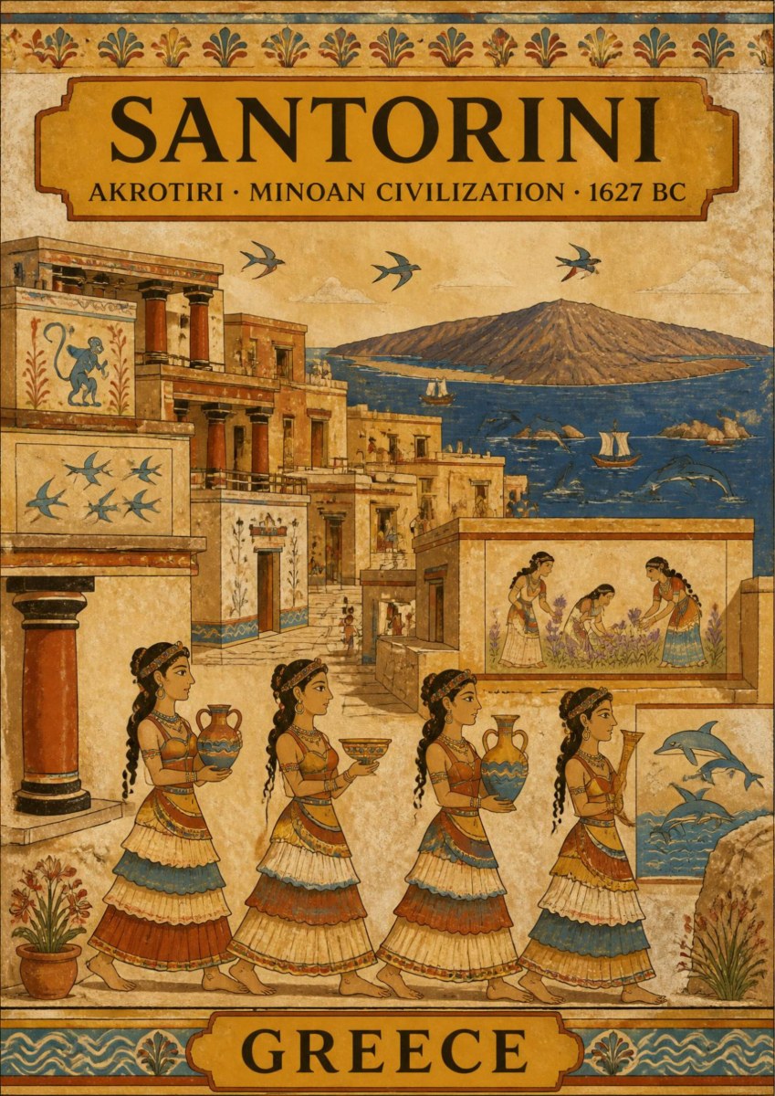 Akrotiri Fresco — Santorini art print: a Minoan fresco-style design in ochre and terracotta showing robed women carrying jars in procession past painted walls, with swallows, dolphins and the volcano across the bay