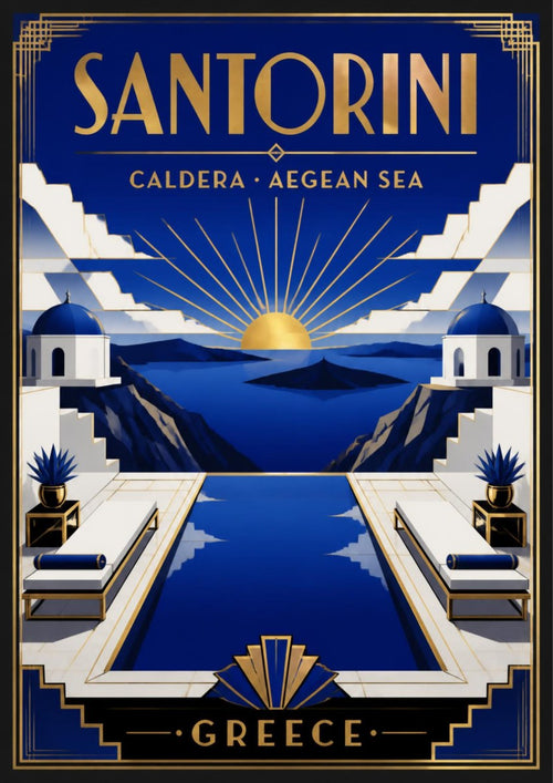 Deco Caldera — Santorini art print: an art deco poster in navy, white and gold showing a symmetrical infinity pool flanked by sun loungers and two blue-domed chapels, with a golden sun setting over the caldera