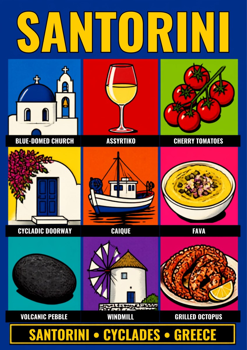 Ennea — Santorini art print: a bold nine-panel icon grid on royal blue with yellow lettering, showing a blue-domed church, Assyrtiko wine, cherry tomatoes, a Cycladic doorway, a caique boat, fava, a volcanic pebble, a windmill and grilled octopus