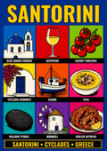 Ennea — Santorini art print: a bold nine-panel icon grid on royal blue with yellow lettering, showing a blue-domed church, Assyrtiko wine, cherry tomatoes, a Cycladic doorway, a caique boat, fava, a volcanic pebble, a windmill and grilled octopus