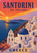 Iliovasilema — Santorini art print: a mid-century travel poster of Oia at sunset, with a blue-domed white church and bell tower above the caldera, an orange sunburst sky and the volcanic islet silhouetted on a violet sea
