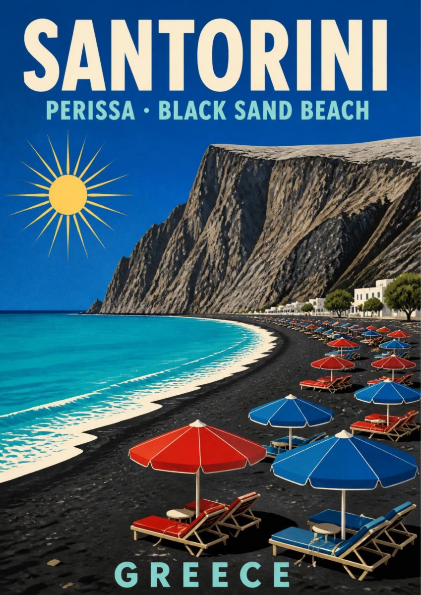 Mavri Ammos — Santorini art print: a vivid poster of Perissa black sand beach, with red and blue parasols and loungers along the dark shore, turquoise surf and the sheer grey Mesa Vouno cliff rising behind