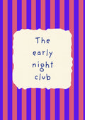 The Early Night Club – Capri Violet art print: the words The early night club hand-lettered on torn cream paper over capri violet and rose stripes
