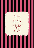 The Early Night Club – Midnight Stripe art print: the words The early night club hand-lettered on torn cream paper over midnight navy stripes