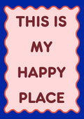 This Is My Happy Place – Cobalt art print: blush pink panel with a coral wavy border on a deep cobalt blue ground, lettering in burgundy
