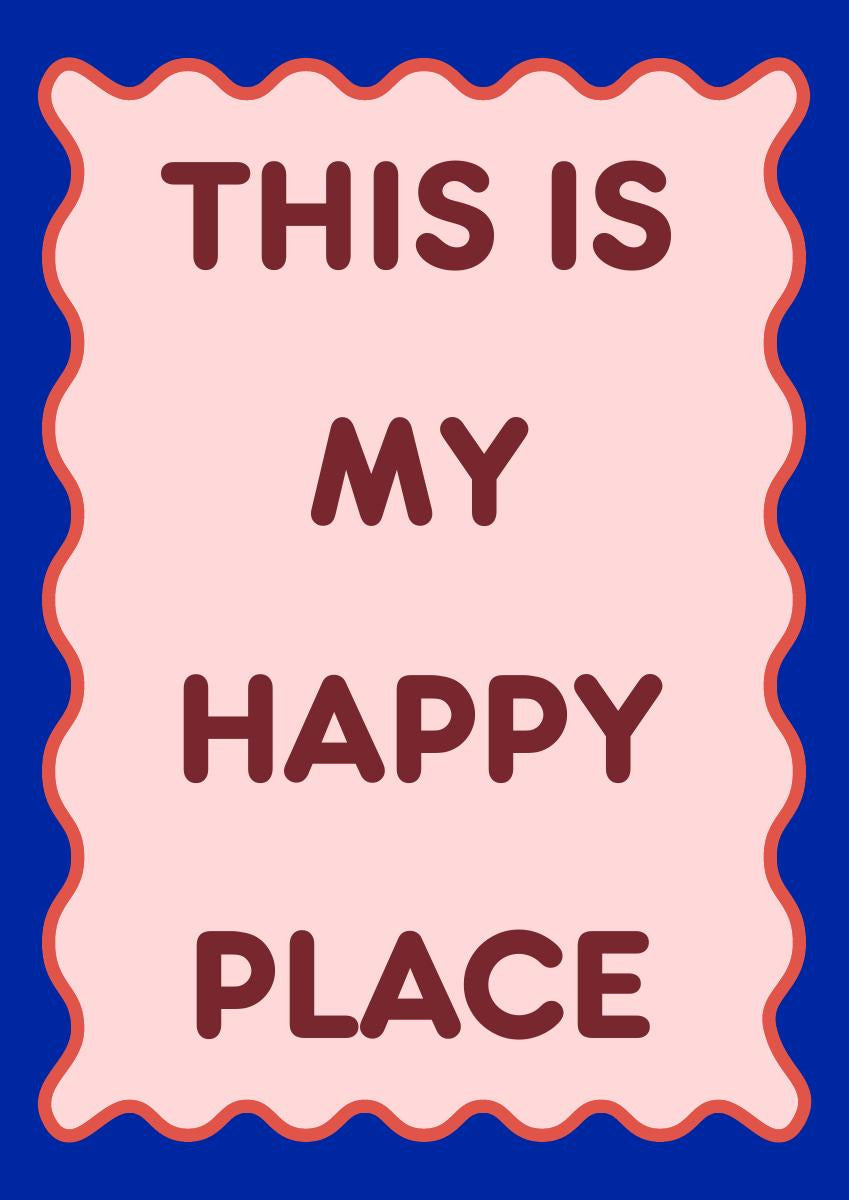This Is My Happy Place – Cobalt art print: blush pink panel with a coral wavy border on a deep cobalt blue ground, lettering in burgundy
