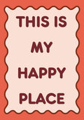 This Is My Happy Place – Coral art print: blush panel with a brown wavy border on a coral red ground, lettering in deep maroon