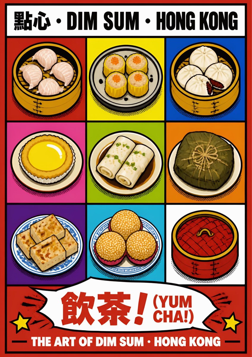 Dim Sum — Hong Kong art print: nine colour-block panels of dim sum - har gow, siu mai, char siu bao, egg tart, cheung fun, sesame balls