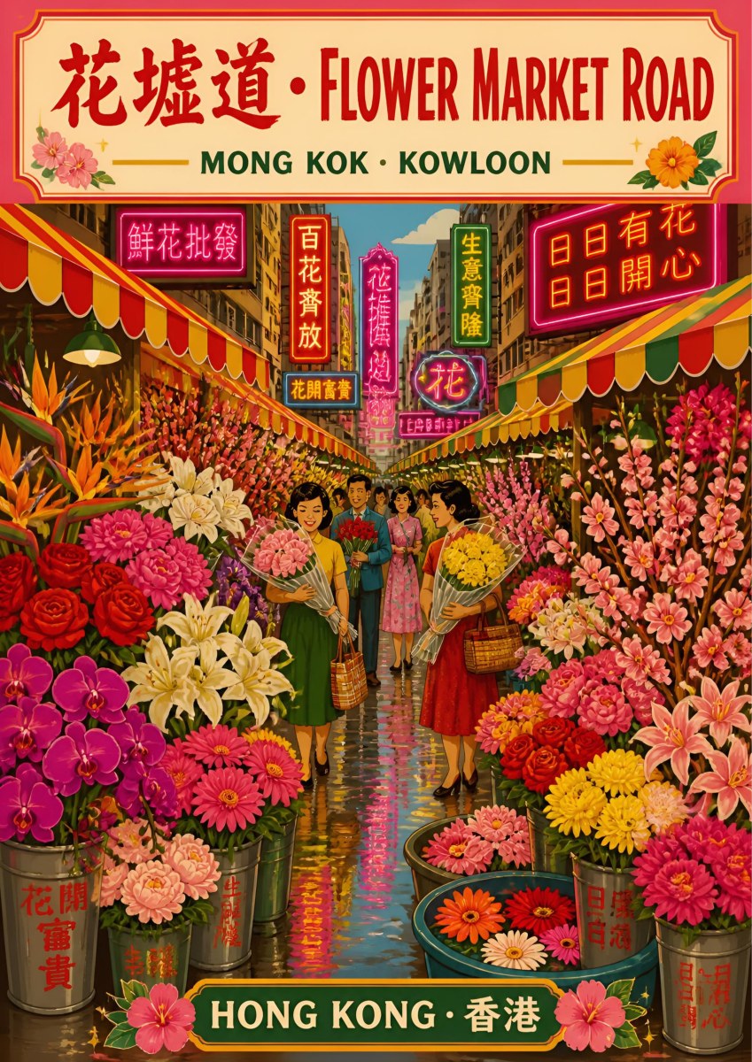 Flower Market Road — Hong Kong art print: a crowded Mong Kok flower market street packed with orchids, lilies and blossom, neon shop signs above