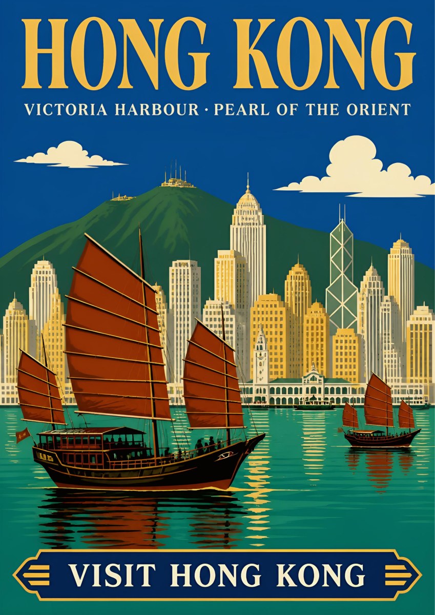 Pearl Of The Orient — Hong Kong art print: red-sailed junks on jade-green Victoria Harbour before the gold and white skyline and Peak, deep blue sky