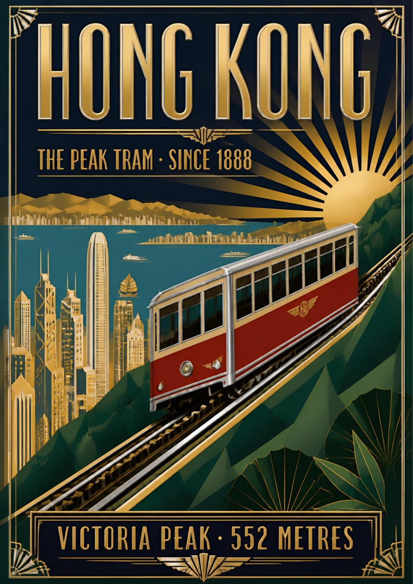 The Peak Tram — Hong Kong art print: the red Peak Tram climbing steeply past skyscrapers and green hills, gold sunburst art deco frame