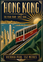 The Peak Tram — Hong Kong art print: the red Peak Tram climbing steeply past skyscrapers and green hills, gold sunburst art deco frame