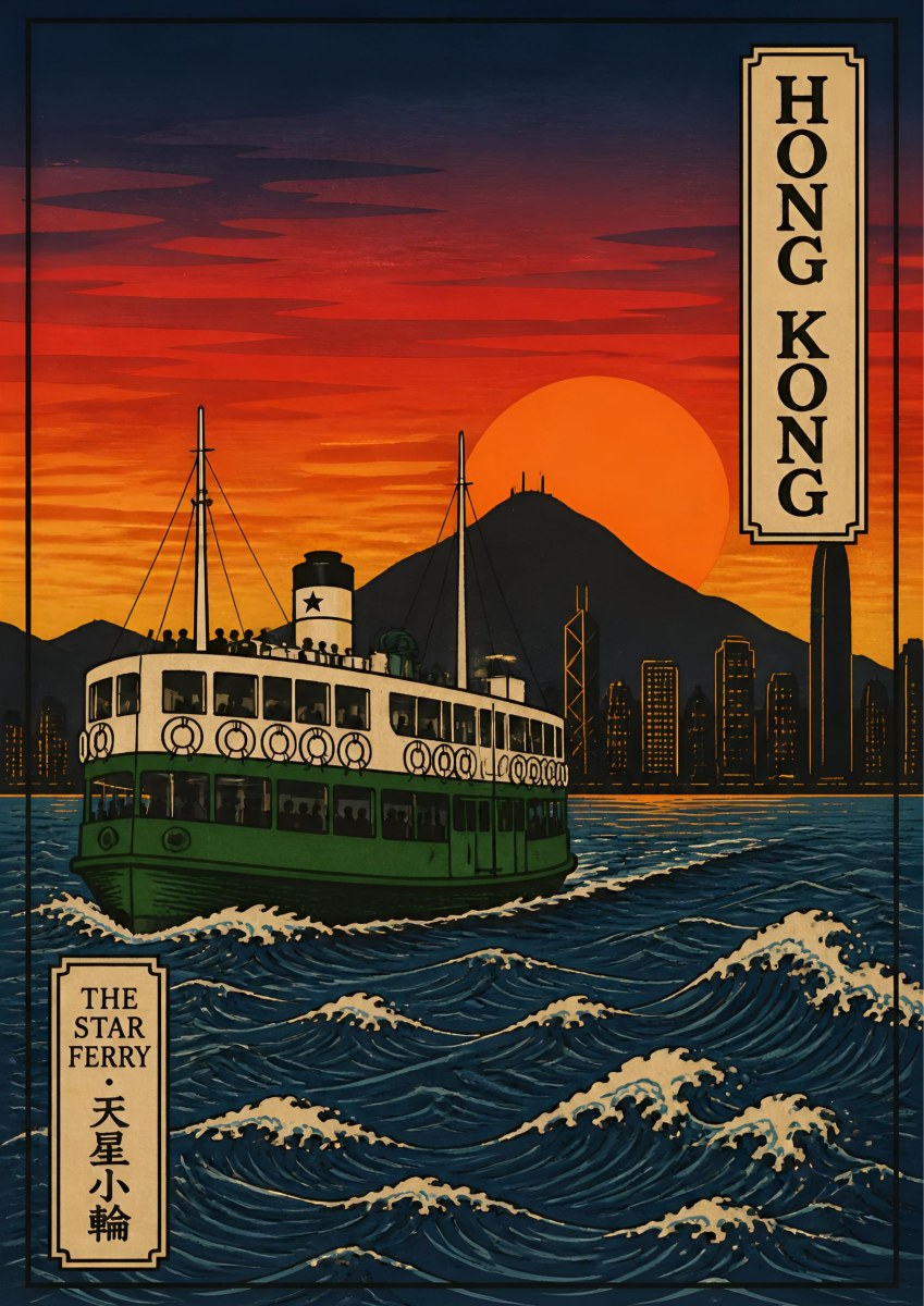 The Star Ferry — Hong Kong art print: the green and white Star Ferry crossing woodblock-style waves at sunset, orange sun over a dark skyline