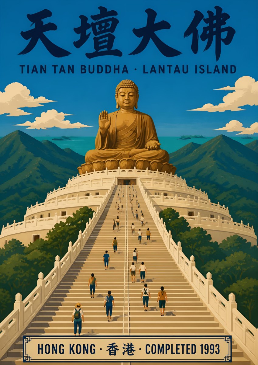 Tian Tan Buddha — Hong Kong art print: the bronze Big Buddha of Lantau above its long white staircase, green mountains and bright blue sky