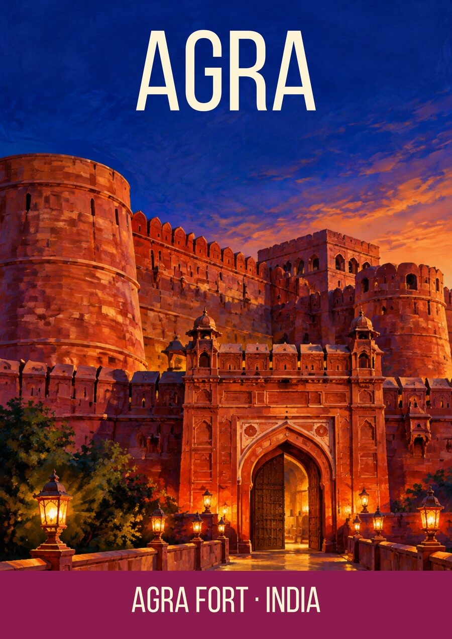 Agra Fort art print, red sandstone walls at dusk under an indigo sky