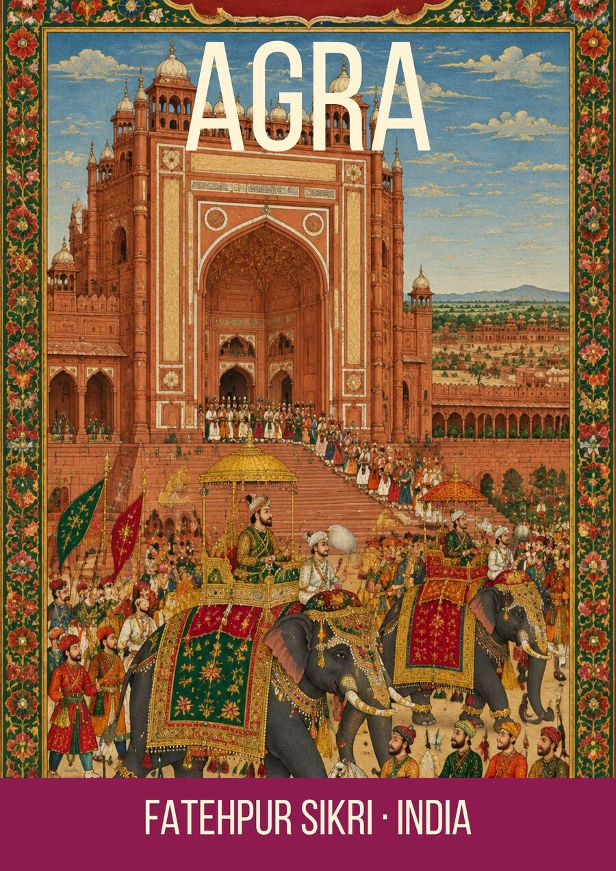 Fatehpur Sikri Agra art print, Mughal miniature with elephant procession