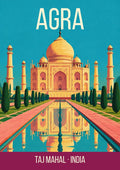 Taj Mahal Agra art print, turquoise sky with gold dome and coral reflecting pool