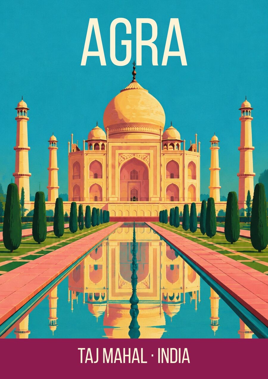 Taj Mahal Agra art print, turquoise sky with gold dome and coral reflecting pool