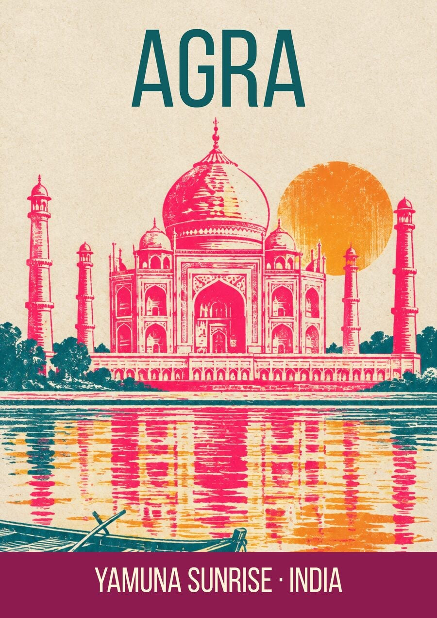 Yamuna Sunrise Agra art print, pink and orange linocut of the Taj Mahal