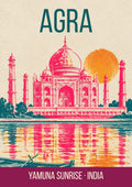 Yamuna Sunrise Agra art print, pink and orange linocut of the Taj Mahal