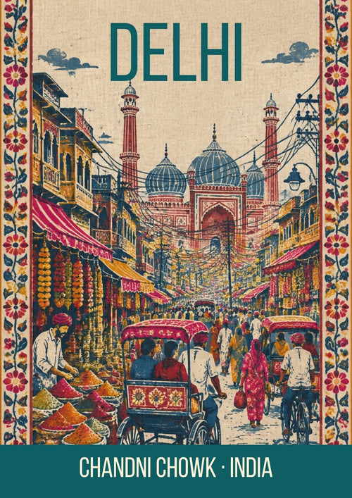 Chandni Chowk Delhi art print, block print of the old bazaar