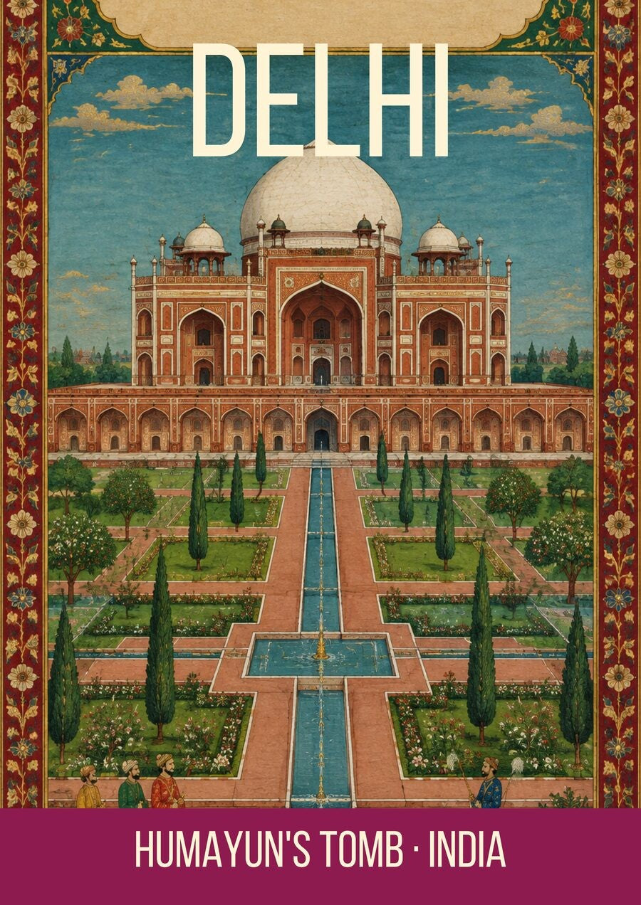 Humayun's Tomb Delhi art print, Mughal miniature with charbagh garden