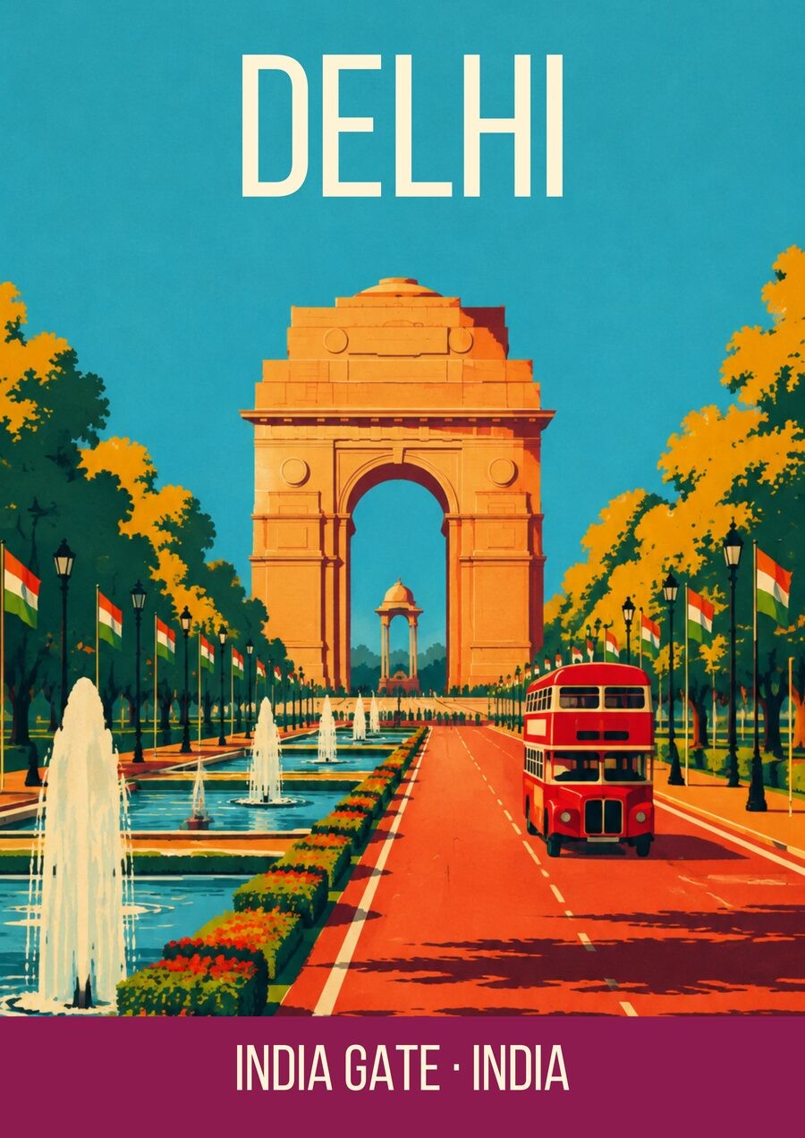 India Gate Delhi art print, sandstone arch with fountains and a red bus