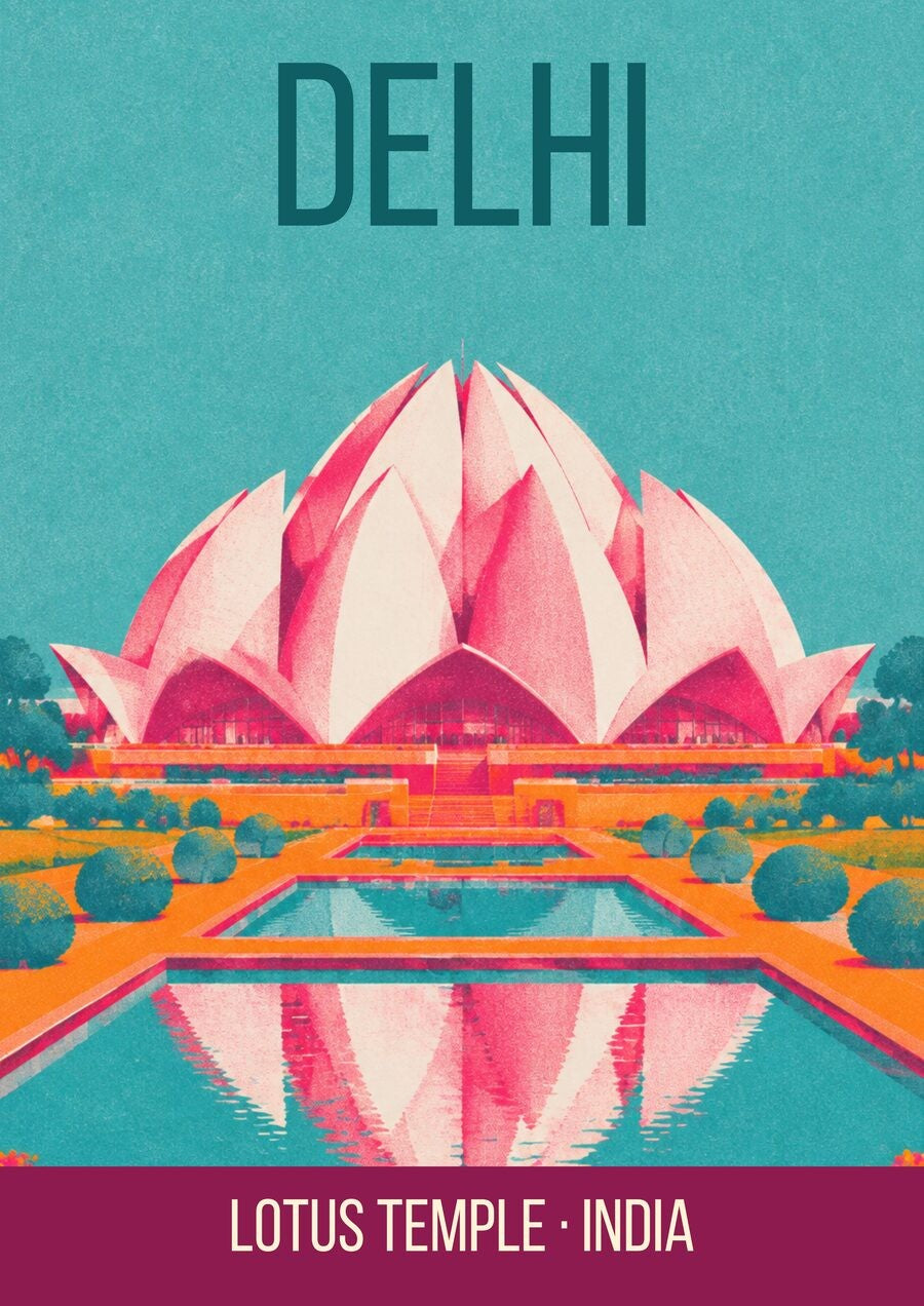 Lotus Temple Delhi art print, pink and white petals against turquoise