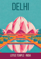 Lotus Temple Delhi art print, pink and white petals against turquoise