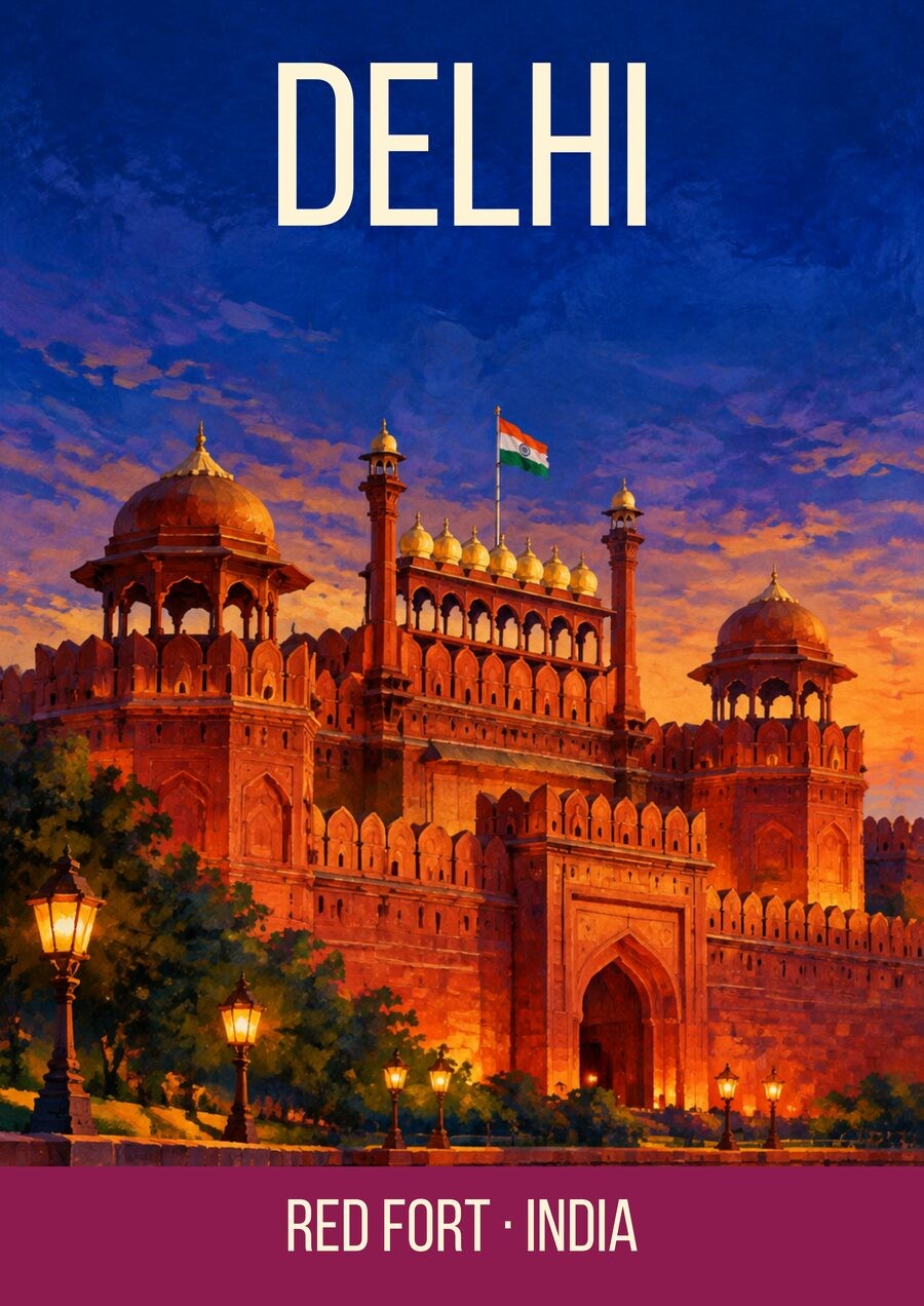 Red Fort Delhi art print, sandstone ramparts under an indigo dusk sky