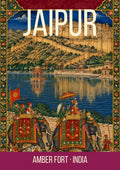 Amber Fort Jaipur art print, Mughal miniature with elephant procession