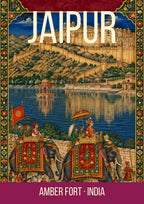 Amber Fort Jaipur art print, Mughal miniature with elephant procession