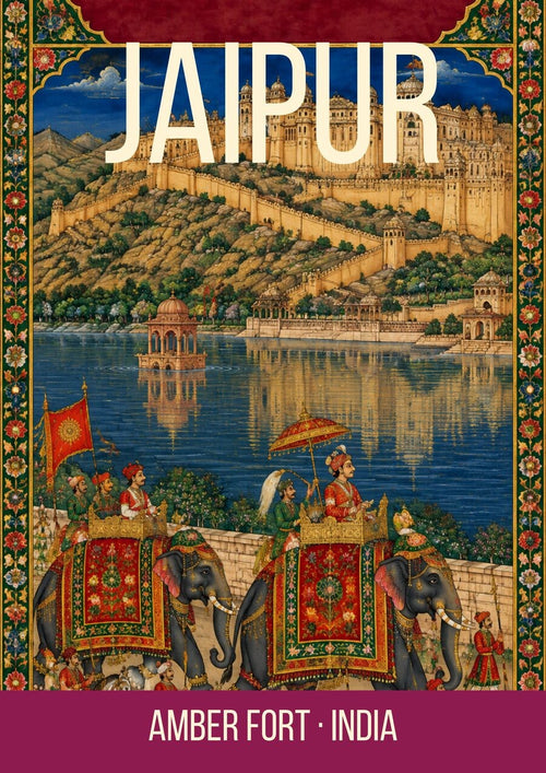 Amber Fort Jaipur art print, Mughal miniature with elephant procession