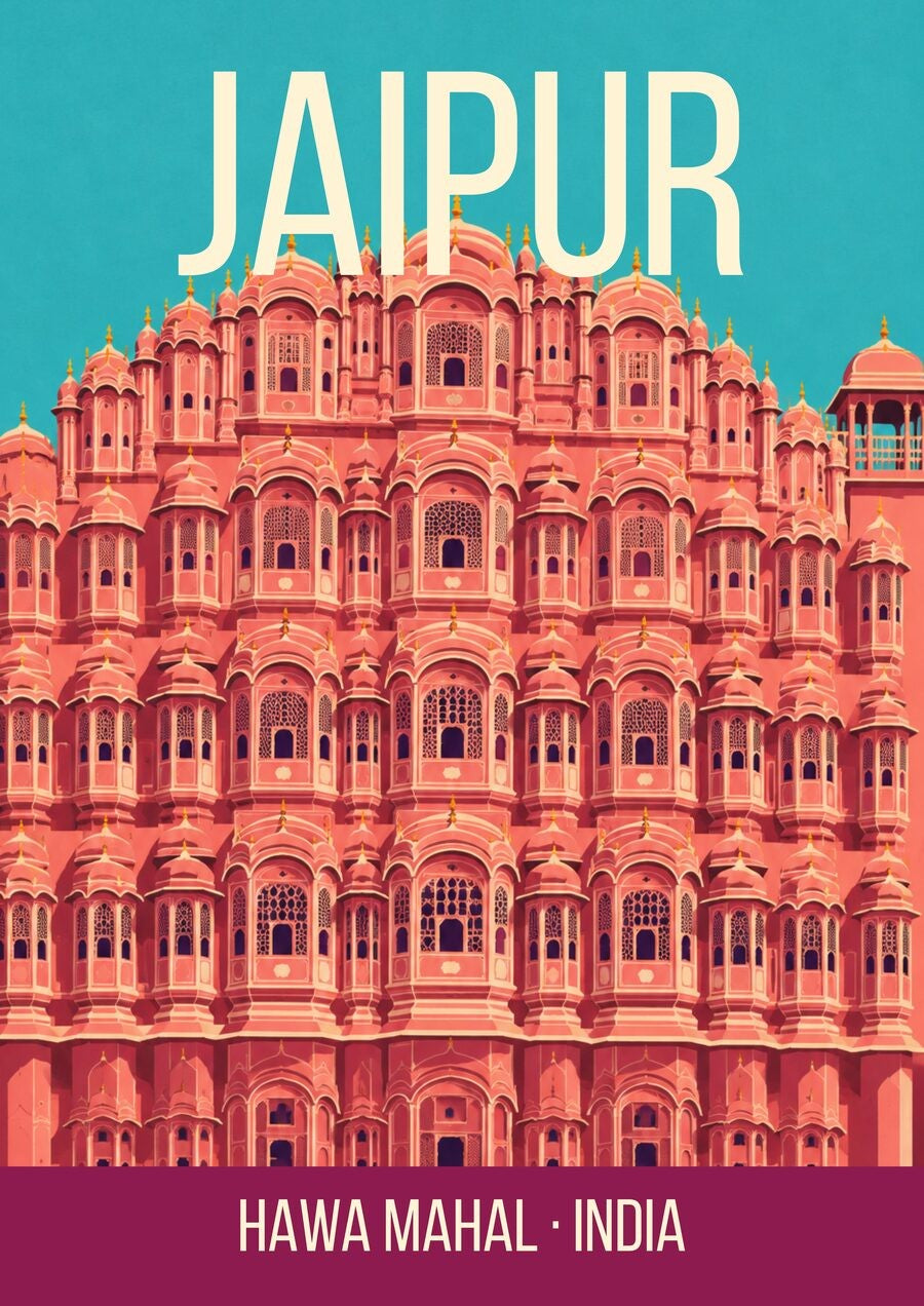 Hawa Mahal Jaipur art print, pink honeycomb facade against turquoise