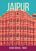 Hawa Mahal Jaipur art print, pink honeycomb facade against turquoise