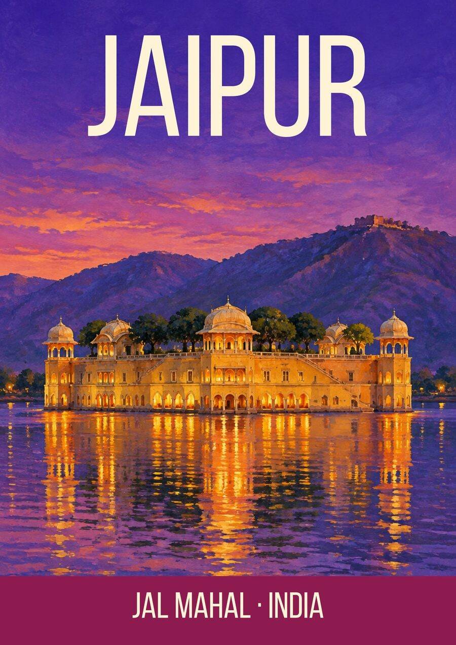Jal Mahal Jaipur art print, lit water palace at dusk on Man Sagar lake