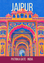Patrika Gate Jaipur art print, painted arches in pink, blue and saffron